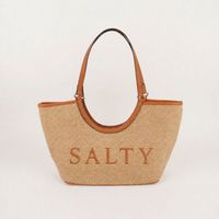 Sac à main en paille personnalisé avec logo brodé SALTY et garniture en cuir, idéal pour les vacances d'été, cadeau, sac de plage en paille