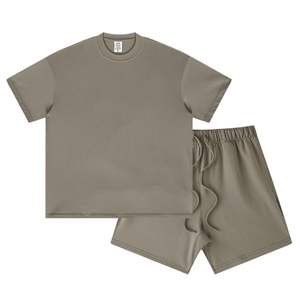Ensemble 2 pièces en coton avec logo personnalisé pour hommes, t-shirt imprimé en forme de boîte courte et ensemble short streetwear tricoté - Product Image 5