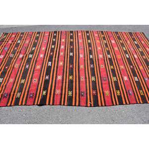 Handmade Traditional Red Black Striped Wool <b>Rug</b> 5.1 X 9.6 ft Abstract Patchwork Design for Teens Hallway Latex <b>Bedside</b> - Product Image 3