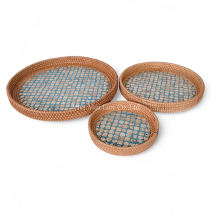 Plateau rond en rotin avec incrustation de nacre, vente en gros, vaisselle décorative pour hôtels, restaurants, export - Product Image 2