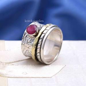 แหวนสปินเนอร์สองโทนสีเงินสเตอร์ลิง925ฝังเพชรพลอยทับทิมธรรมชาติตัวเรือนเพชรการตั้งค่าคลาสสิกงานแต่งงานงานเลี้ยงวันครบรอบ - Product Image 2