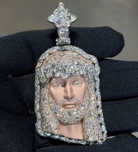 JESUS Face Custom VVS Moissanite Diamond Iced Out 925 Sterling <b>Silver</b> Micro Insert Religious Unisex Wear <b>Charm</b> Pendant - Product Image 1