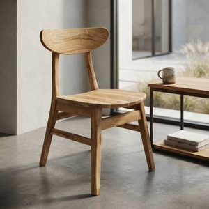 Chaise de salle à manger en teck massif avec dossier incurvé, assise en planche de bois, finition naturelle, chaise d'appoint pour patio extérieur, décoration artistique - Product Image 2