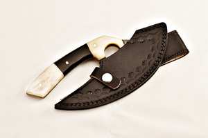 Cuchillo Ulu de acero de Damasco hecho a mano con hueso y mango de cuerno de búfalo para picar y cortar en la cocina - Product Image 6