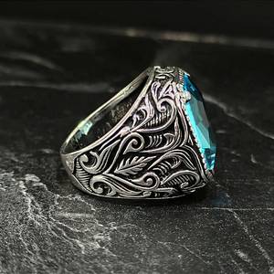 Anillo de Plata Hecho a Mano para Hombre con Piedra Preciosa de Aguamarina, Grabado Cuadrado, Estilo Floral, Chapado en Oro, Regalo Único para Él - Product Image 5