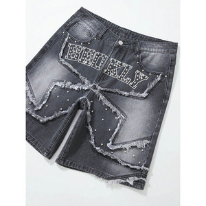 Pantalones cortos de mezclilla con letras de diamantes de imitación personalizados al por mayor OEM parche de estrella borde deshilachado ropa de calle Hip Hop de gran tamaño Jorts moda de verano - Product Image 6
