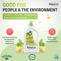 Detergente Líquido Vegano Ecológico AlmaWin Personalizado de 2 Colores, 1.5L-20 Cargas, Fragancia Flor de Lima, Limpieza Radiante para Bebés