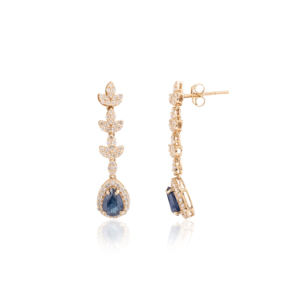 Meilleures ventes 100% boucles d'oreilles longues en diamant saphir bleu naturel en or jaune massif 14 carats pour cadeaux de fêtes bijoux fins - Product Image 3