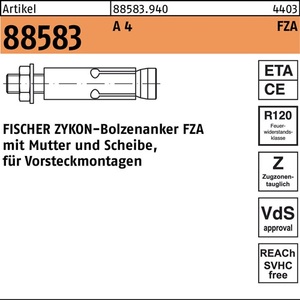 Para Fischer Zykon FZA Bolt Anchor R 88583 18x80 M12/55 A4 - 10 Piezas - Product Image 1