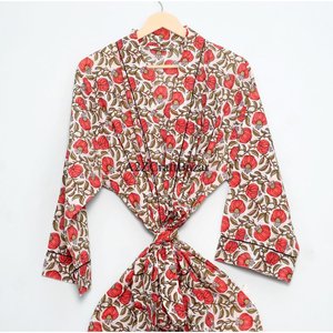 Peignoir Kimono en Coton Doux Imprimé à la Main Motif Floral Col en V avec Cordon de Serrage Style Indien pour l'Été/Hiver – Vêtement de Nuit Thermique - Product Image 3