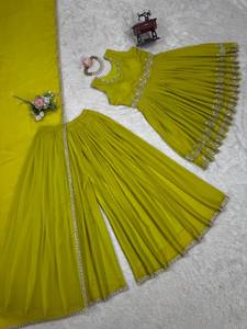 Traje Sharara con Hilo de Secuencia Foux Gorgette y Color Verde Secuencia - Product Image 5
