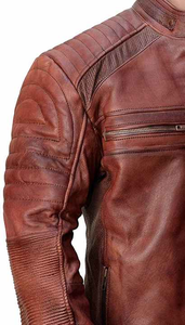 Custom Logo Men's Autumn Genuine Leather Vintage Stand Collar <b>Sherpa</b> <b>Lined</b> <b>Jacket</b> with Front Logo DDP Shipping - Product Image 5