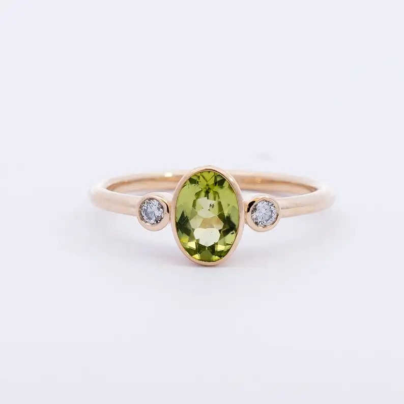 New Arrival 2023 Trendy Design Fine Jewelry 14k White Gold Oval Cut Peridot with Real Diamond Three Stone Ring For Women Gifts