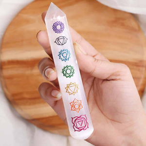 <b>Selenite</b> <b>Wand</b> with Colored Embossed 7 Chakra Symbols <b>Selenite</b> 7 Chakra <b>Wand</b> Engravad <b>Selenite</b> <b>Wand</b> Wholesale From India - Product Image 1
