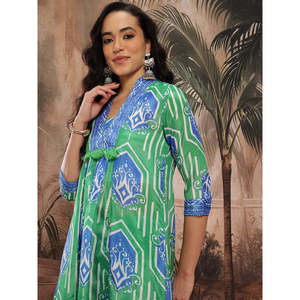 Kurta de chifón verde con estampado geométrico para mujer, con mangas tres cuartos, top de uso diario y palazzos - Product Image 2