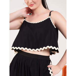 Deebaco Women's Solid Black 2 Piece Co-Ord <b>Set</b> Casual Spring Summer Loose Fit Sleeveless Top With Ruffles Full Length Skirt - Product Image 2
