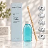 Recharge de diffuseur à bâtonnets pour vêtements propres, marque privée, 200 ml + bâtonnets |   Parfum d'ambiance pour la maison Fraîcheur et Propreté |   Fabricant OEM Espagne