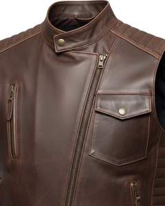 <b>Men</b> Premium Brown Genuine leather Biker vest Sleeveless Stand Collar Asymmetrical Zip <b>Waistcoat</b> with Utility Pockets - Product Image 3
