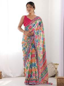 Trending Bollywood Style Digital Print Georgette Silk Saree con Mirror Work Border & Unstitch Blusa para fiestas - Product Image 2