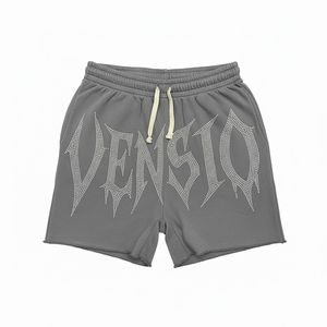 Pantalones cortos de algodón 100% de High Street grises a la moda de verano, pantalones cortos con diseño de logotipo de diamantes de imitación personalizados para hombres - Product Image 1