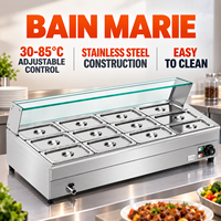 Bain-marie commercial 12 bacs 1800W 220V, chauffe-plats électrique en acier inoxydable, table vapeur double rangée pour buffet avec couvercle en verre