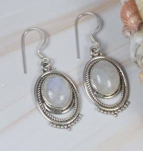 High Quality Silver Sterling 925 Earrings White Oval Cut Bezel Setting <b>Rainbow</b> Moonstone Dangle Drop Gemstone Wholesale For Her - Product Image 3