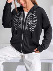 Sudaderas con capucha de gran tamaño con esqueleto de diamantes de imitación y cremallera para mujer, ropa informal transpirable cómoda, sudaderas con capucha de invierno para mujer - Product Image 3