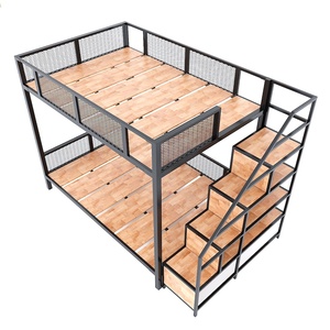 Industrial-Style Rubber <b>Wood</b> <b>Bunk</b> <b>Bed</b> with Iron Frame & Decorative Shelves - Product Image 5