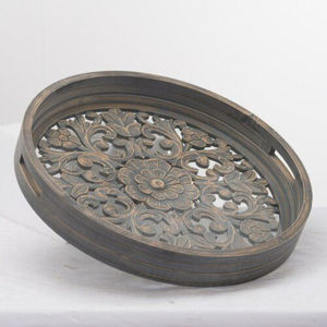 Ensemble de 2 plateaux décoratifs en bois de manguier brun foncé, plateaux de service en bois sculptés à la main pour ottoman, table basse ou décoration intérieure - Product Image 3