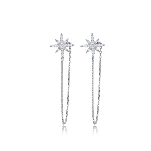 North Star CZ Chain <b>Stud</b> Earring Turkish Handcrafted Rhodium 925 Sterling <b>Silver</b> Jewelry for Women's Party Gift Best Selling - Product Image 5