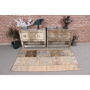Turkish Vintage Rug, Accent 3x5.4 ft (90x165 cm) Rug, <b>Brown</b> Check <b>Wool</b> Rug - Product Image 2