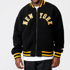 Blouson universitaire en laine et noir avec logo personnalisé pour hommes, col côtelé boutonné avec manchette Blouson bombardier de baseball Letterman College - Product Image 1