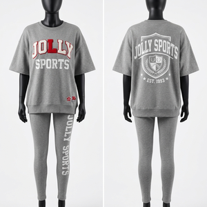 Womens 240 GSM Cotton Polyester Oversized T Shirt and High Waist Legging Set Puff Print Custom Logo Color <b>Rust</b> Women's Sets - Product Image 5