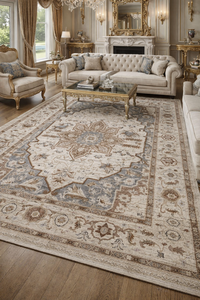 Alfombra de área con diseño de medallón del Patrimonio Real Persa, fabricada a máquina – Diseño clásico en azul marfil - Product Image 2