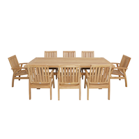 Ensemble de salle à manger moderne en teck massif 8 places, finition naturelle, chaise avec accoudoirs, pieds croisés, pliable, portable, pour hôtel, extérieur