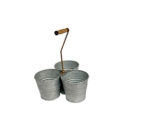 Porte-pot de fleurs en métal galvanisé de couleur grise avec 3 seaux à fleurs et support en bois Caddy de cuisine galvanisé avec poignée - Product Image 1