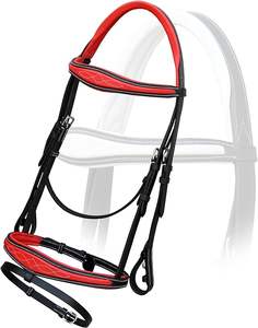 Brida inglesa Flash de salto con diseño anatómico acolchado suave de piel de becerro roja para caballo con Riendas de goma - Product Image 6