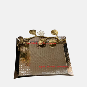 Plateau de service de luxe en acier inoxydable de qualité avec poignée florale Snacks Dessert Server Ware Plateaux Accessoires pour hôtels Fournitures - Product Image 6