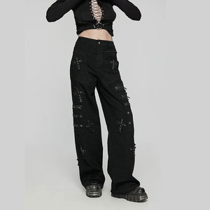Pantalon large à jambes larges pour femmes, noir, gothique, punk, avec patch en forme de croix, décoratif, avec fermetures éclair - Product Image 1