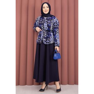 Conjunto de Chaqueta y Falda con Estampado Étnico Azul Marino para Mujer, Diseño Floral Sólido, Estilo Oficina, Crepé, Ropa Deportiva, Blazer Corto de Verano, Talla XL - Product Image 5