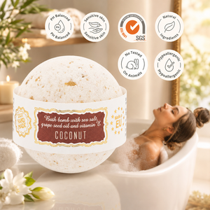 Fabricante de Cosméticos de la UE, Bomba de Baño de Coco Premium al por Mayor, Hecha a Mano, 180g, OEM, ODM, Etiqueta Privada, Efervescente de Baño con Sal Marina - Product Image 3