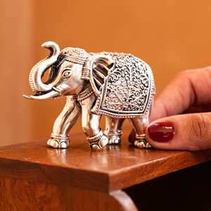 Set of 2 Traditional Art Hand-Carved Premium Brass <b>Elephants</b> with Silver Plating for Wall Decor - Product Image 1