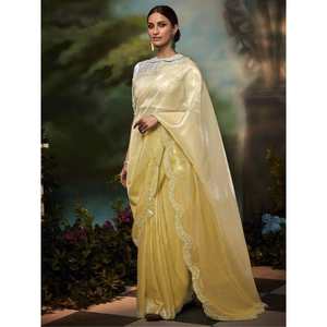Astonishing <b>Yellow</b> Stone Work Silk <b>Saree</b> with Blouse for Wedding Events - Product Image 3