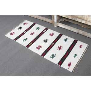 Alfombra Pequeña Vintage de 1.8x4.2 pies, Alfombra Turca Kilim de Lana con Rayas Blancas - Product Image 4