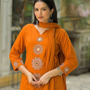 <b>Women</b> Cotton Heavy Embroidery <b>Kurti</b> Pant Dupatta Set | Lightweight Ethnic Daily Wear | Party Wear - Product Image 1