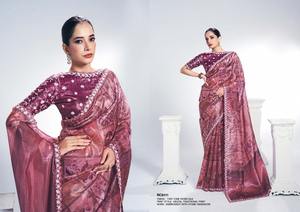 Hermoso Sari de seda satinada de primera calidad con piedra de mano y bordado perfecto para todas las ocasiones - Product Image 5