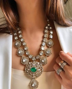 Ensemble de collier Polki de créateur de luxe victorien avec boucles d'oreilles bijoux de mariée en laiton polonais pour la célébration de mariage et de fête - Product Image 2