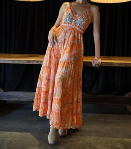 Vestido Largo Estilo Bohemio de Poliéster/Algodón Naranja, Cuello en V, Sin Mangas, con Patrón Paisley Detallado y Bordado, Lavable - Product Image 4