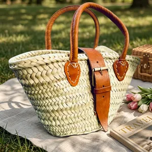 Women Straw Mini Handbag <b>Leather</b> Handles Bohemian Style Beach Casual Durable <b>Woven</b> Basket <b>Bag</b> Two Handles Cotton Buckle Closure - Product Image 4