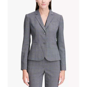 Calvin Klein Women's Glen Plaid Two-Button Blazer <b>Silver</b> Double-Breasted <b>Jacket</b> with Embroidery Woven Pattern Size 12 - Product Image 3